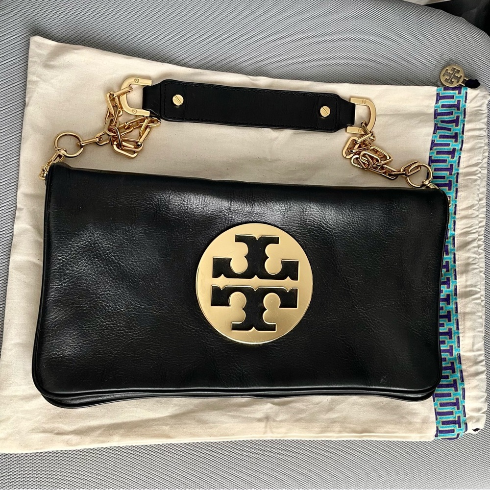 Tory Burch Reva Black Gold Leather Clutch Shoulder Bag